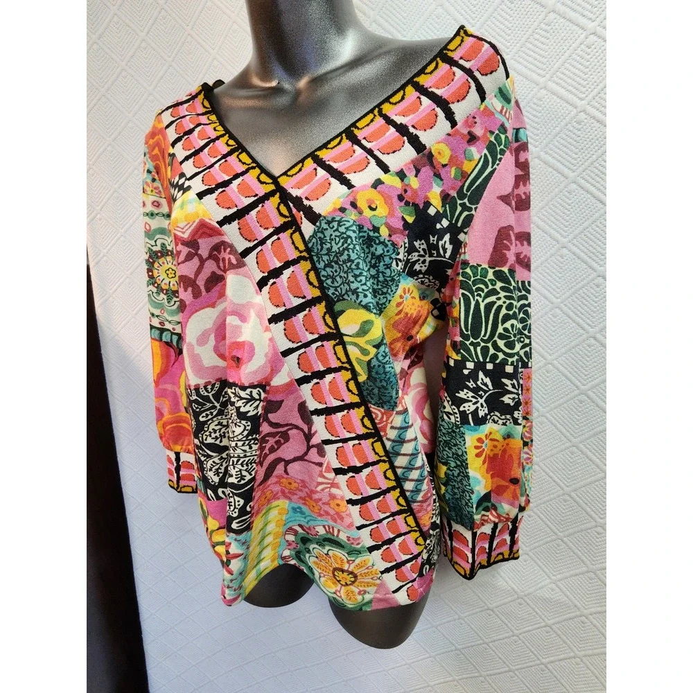 NEW Aldo Martins SZ M-L  Double V Neckline Vibrant Pullover Top $250